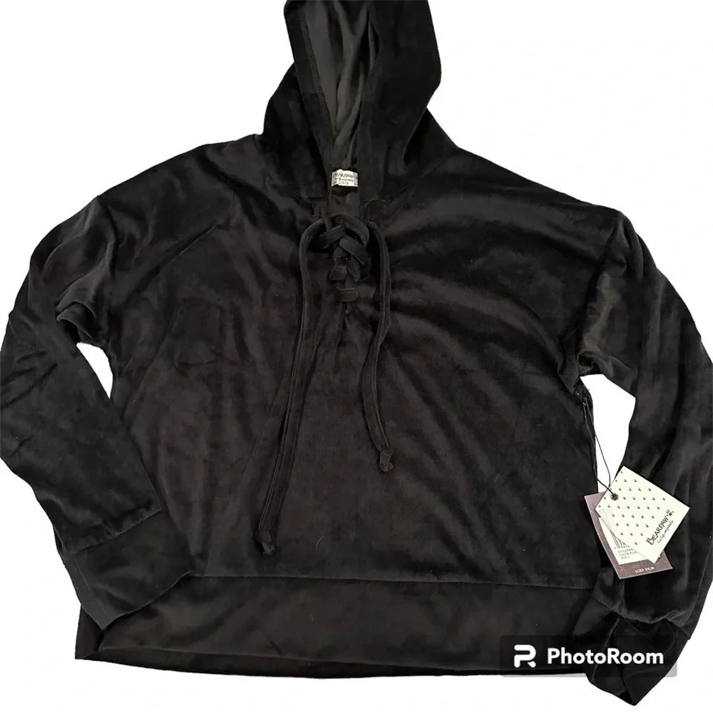 Bear Paw Black Velvet Hoodie Lace Up Crop Sweater Size Large